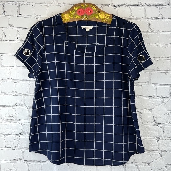 MINE Navy & White Scoop Neck Nautical Top w/Grommet Details, Size L - Picture 1 of 6